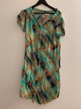 Anthropologie Porridge Printed V-Neck Dress Green Orange Geometric | S/M